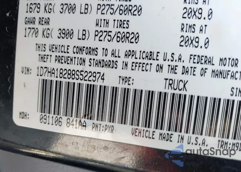 2008 Dodge Ram 1500 Slt из США, поврежденный, VIN 1D7HA18288S522974